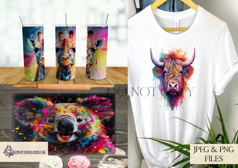 Best Selling Sublimation Design Set featuring vibrant paint splash effects with animals and more.