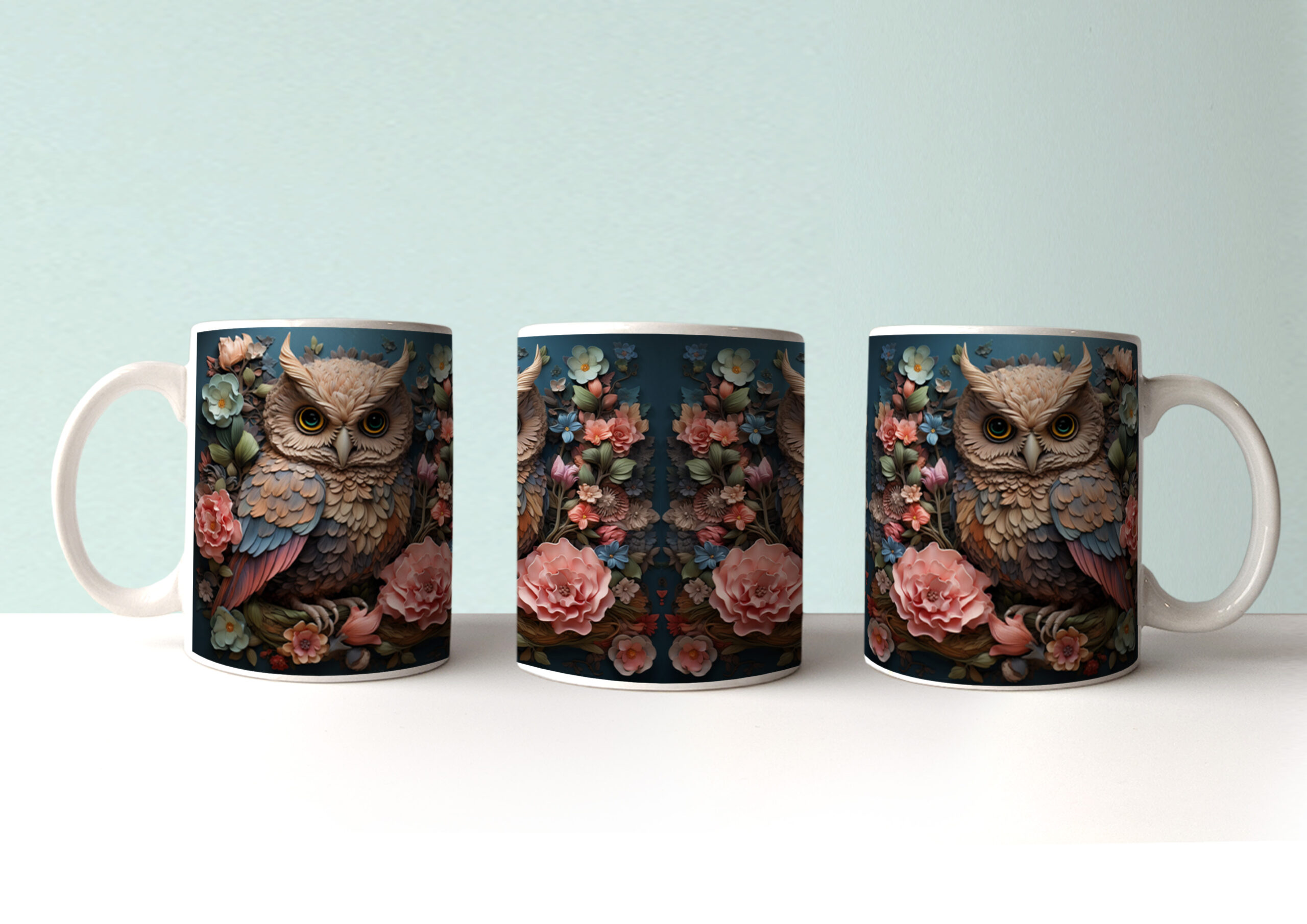 3D effect Mug Wrap Sublimation Designs Set featuring Wildlife and Flowers.
