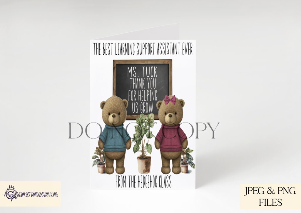 Young bear in front of a chalkboard with 'Thank You for Helping Me Grow wording.