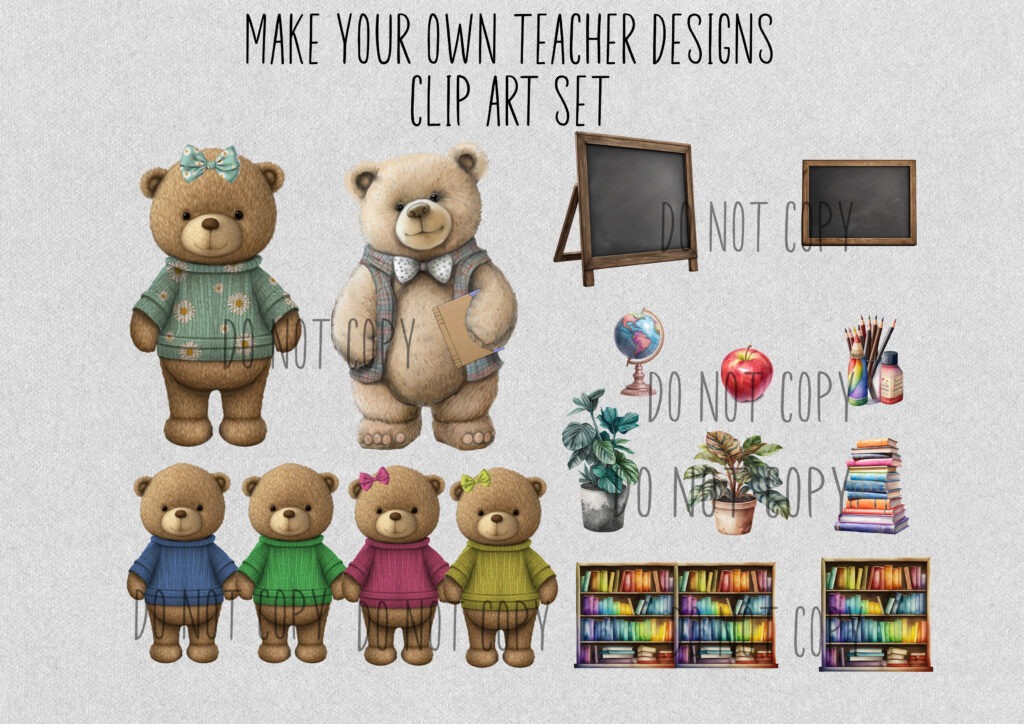 Teacher and student bears with classroom elements clip art.