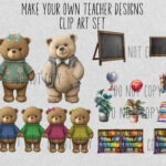 Teacher and student bears with classroom elements clip art.