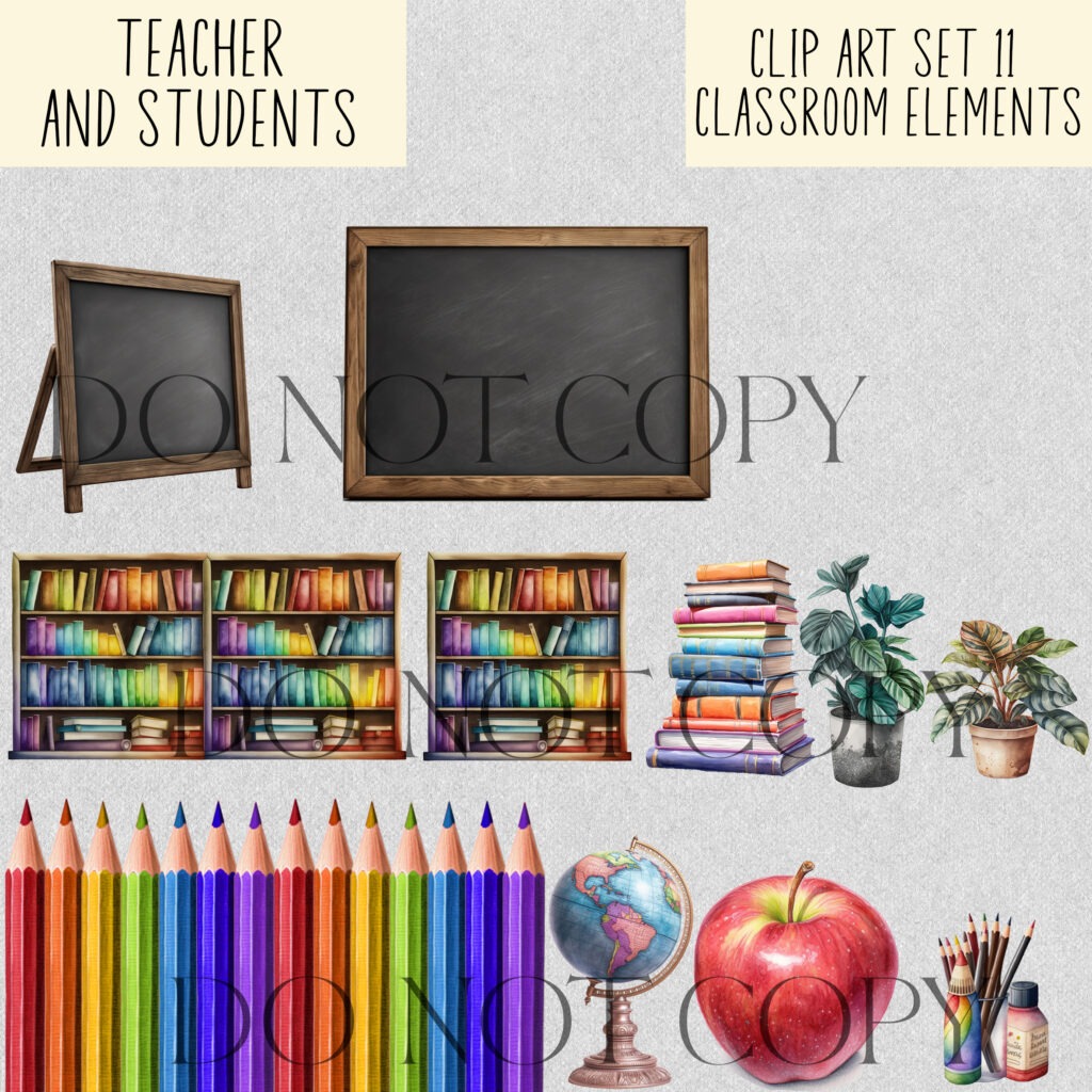 Teacher and student bears with classroom elements clip art.