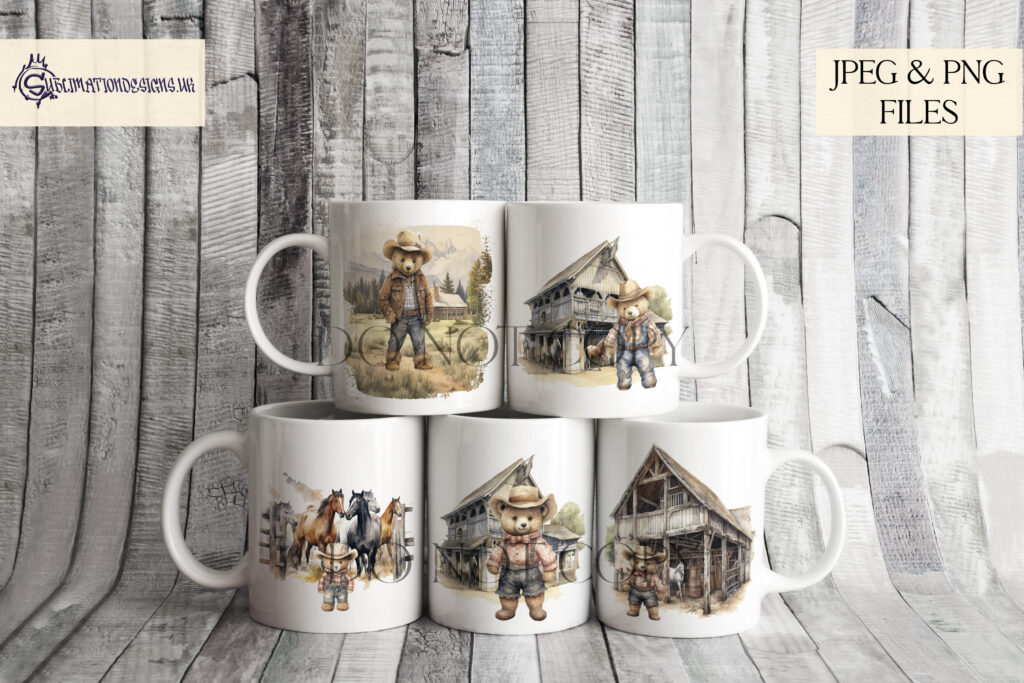 Cowboy Teddy Bear Sublimation Designs Set