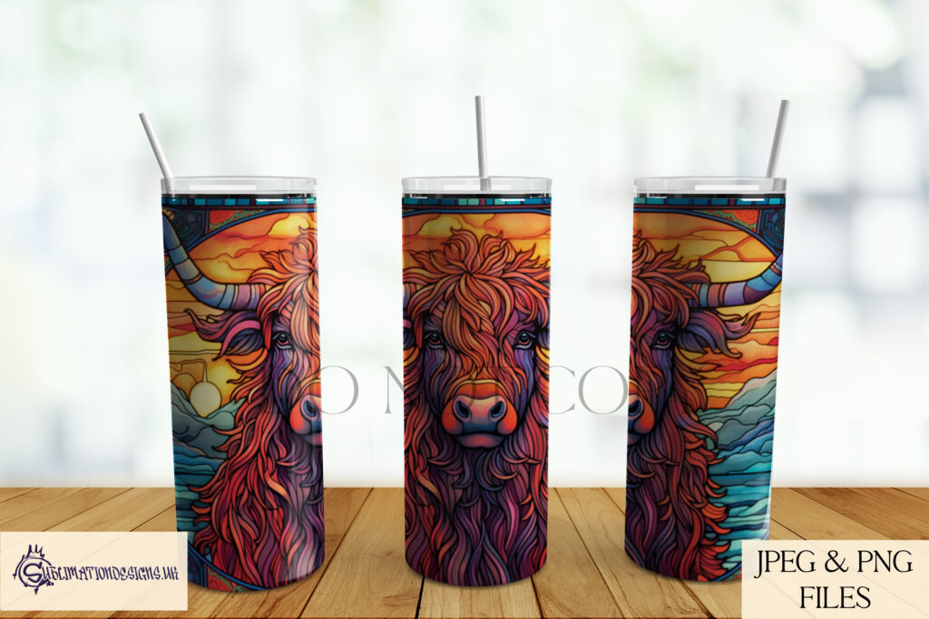 Mosaic Stained Glass effect Highland Cow Sublimation Designs Set
