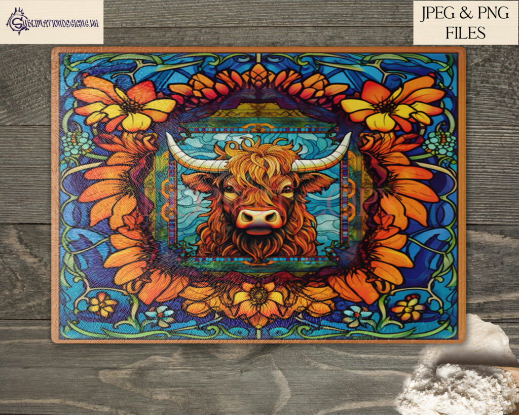 Mosaic Stained Glass effect Highland Cow Sublimation Designs Set