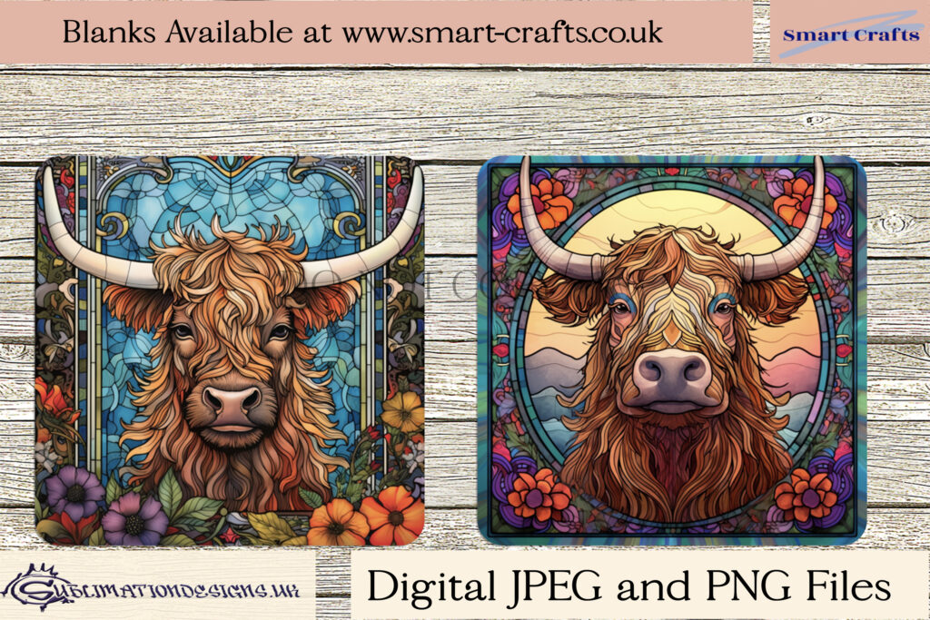 Mosaic Stained Glass effect Highland Cow Sublimation Designs Set