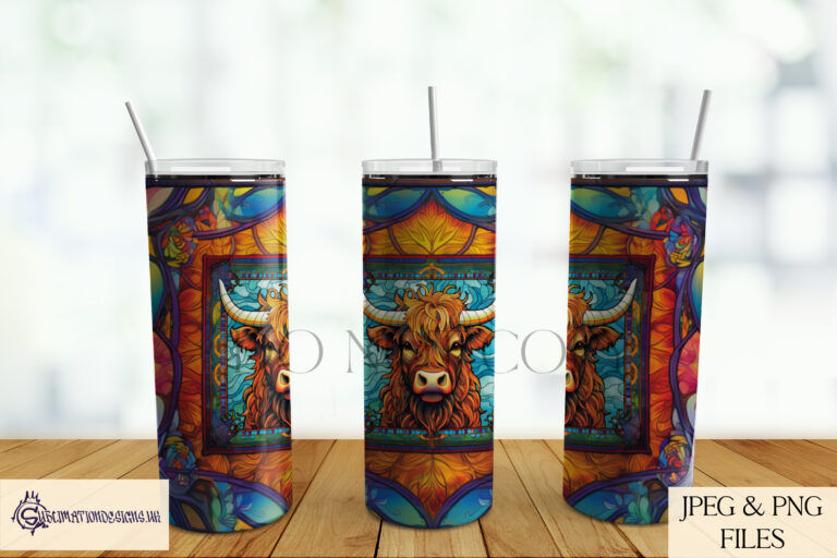 Mosaic Stained Glass effect Highland Cow Sublimation Designs Set