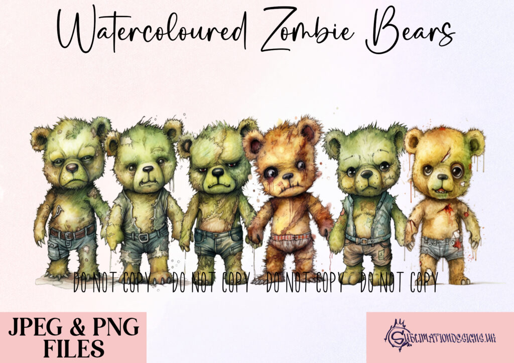 Halloween Zombie Teddy Bear Sublimation Designs Set