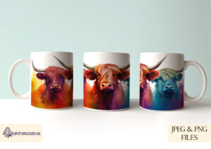 Highland Cow Mug Wrap in vibrant and pastel colours.