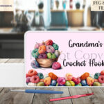Digital design set featuring a basket filled with yarn, knitting needles, and crochet hooks. Set includes mug wraps, sublimation tin design, and customizable square templates.