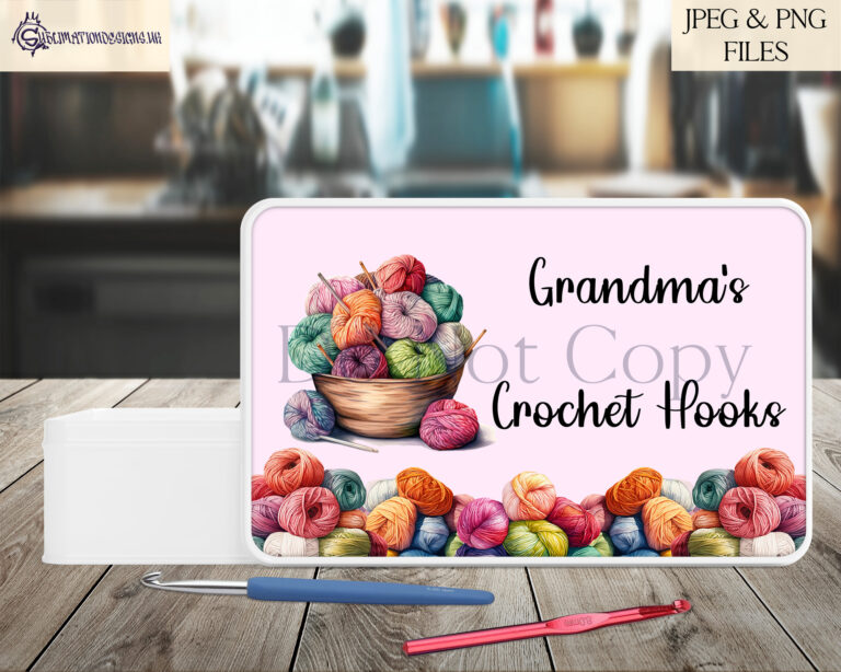 Digital design set featuring a basket filled with yarn, knitting needles, and crochet hooks. Set includes mug wraps, sublimation tin design, and customizable square templates.