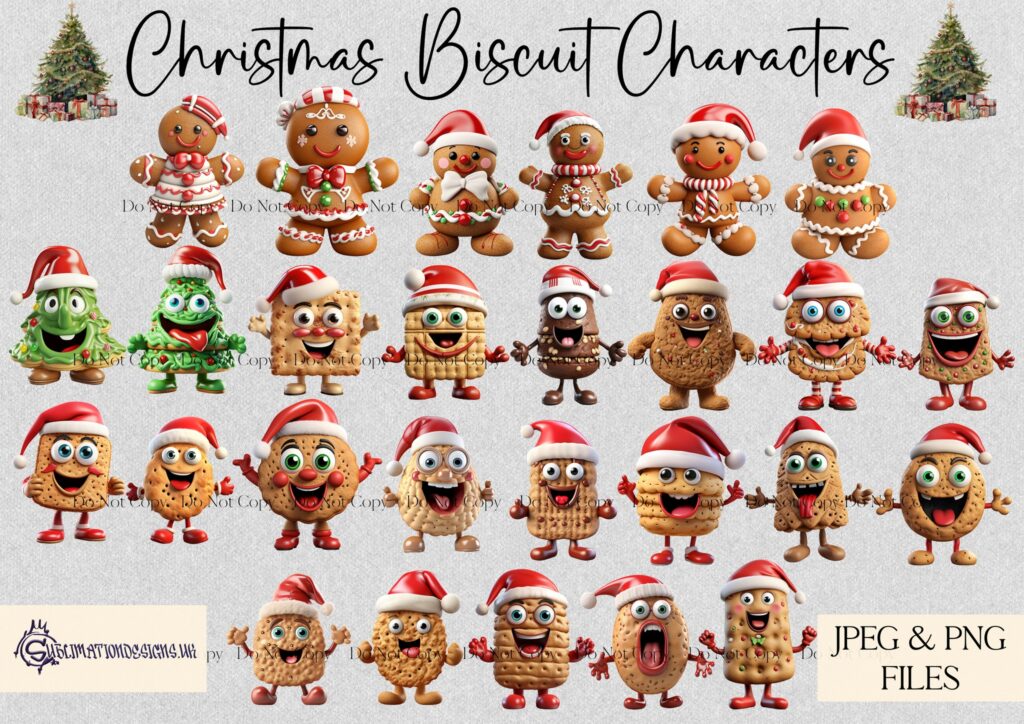 A set of 21 Christmas-themed biscuit characters and 6 bonus gingerbread characters on 10cm square templates, along with 3 A4 tin backgrounds.