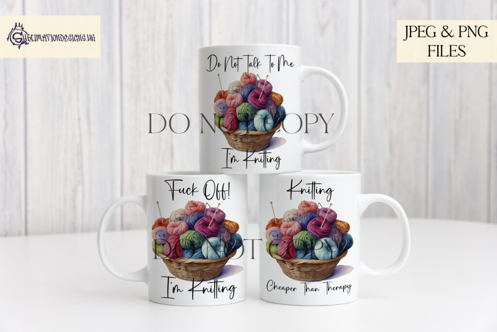 Digital design set featuring a basket filled with yarn, knitting needles, and crochet hooks. Set includes mug wraps, sublimation tin design, and customizable square templates.
