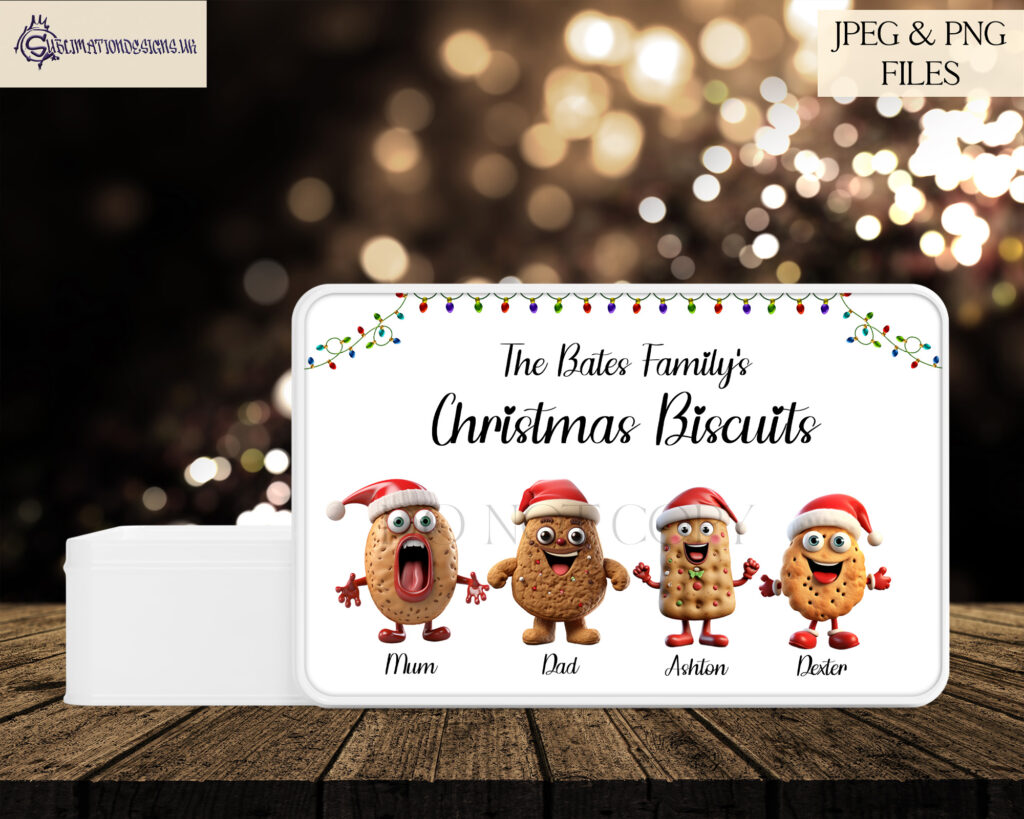 A set of 21 Christmas-themed biscuit characters and 6 bonus gingerbread characters on 10cm square templates, along with 3 A4 tin backgrounds.