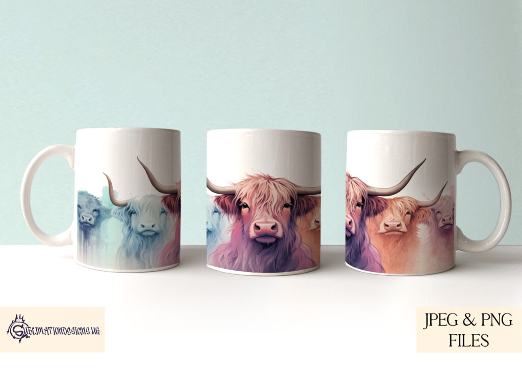 Highland Cow Mug Wrap in vibrant and pastel colours.