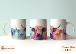 Highland Cow Mug Wrap in vibrant and pastel colours.