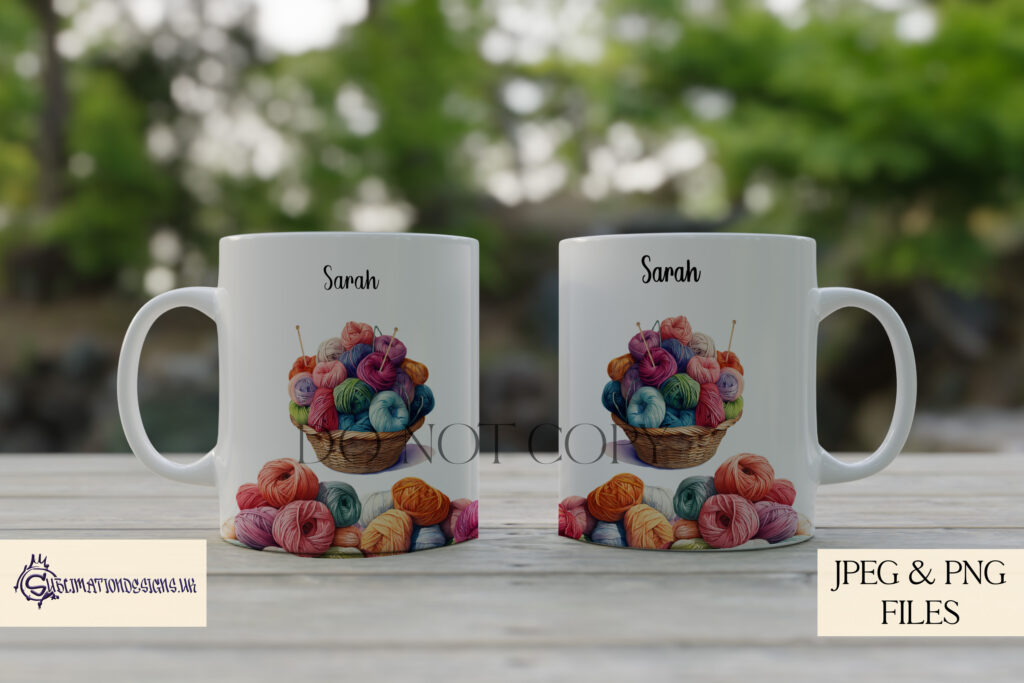 Digital design set featuring a basket filled with yarn, knitting needles, and crochet hooks. Set includes mug wraps, sublimation tin design, and customizable square templates.