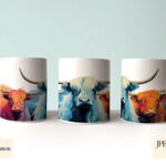 Highland Cow Mug Wrap in vibrant and pastel colours.