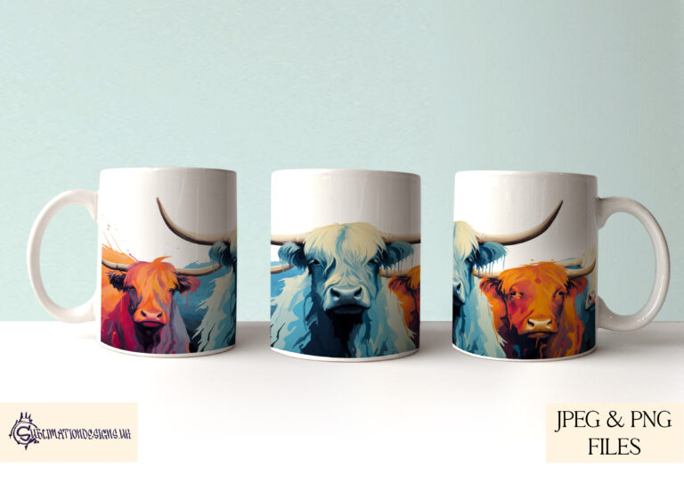 Highland Cow Mug Wrap in vibrant and pastel colours.