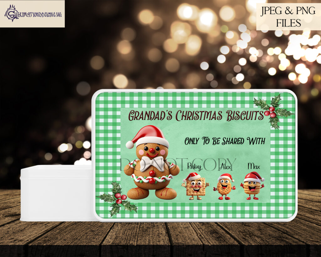A set of 21 Christmas-themed biscuit characters and 6 bonus gingerbread characters on 10cm square templates, along with 3 A4 tin backgrounds.