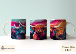 Highland Cow Mug Wrap in vibrant and pastel colours.
