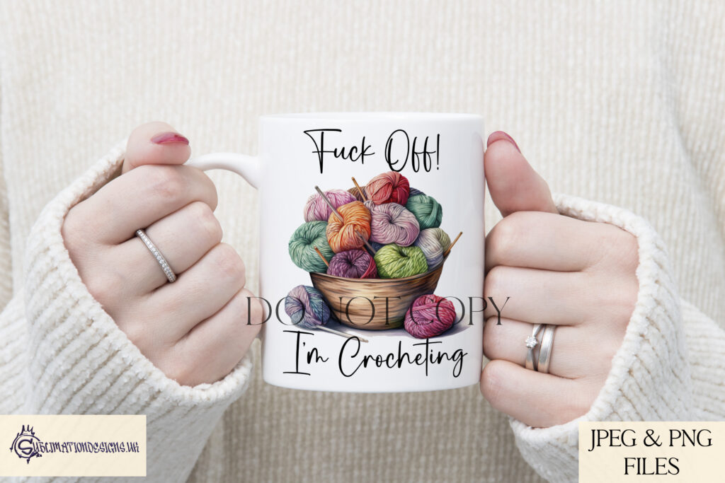 Digital design set featuring a basket filled with yarn, knitting needles, and crochet hooks. Set includes mug wraps, sublimation tin design, and customizable square templates.