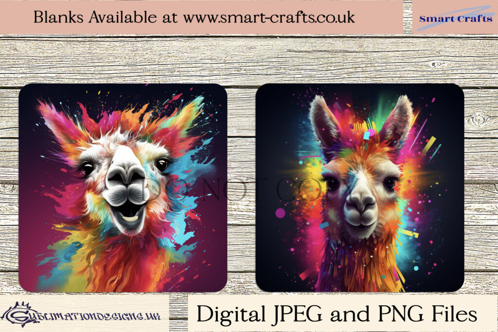 Vibrant Paint Splash Llama Designs Set for Sublimation or Print.