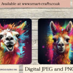 Vibrant Paint Splash Llama Designs Set for Sublimation or Print.