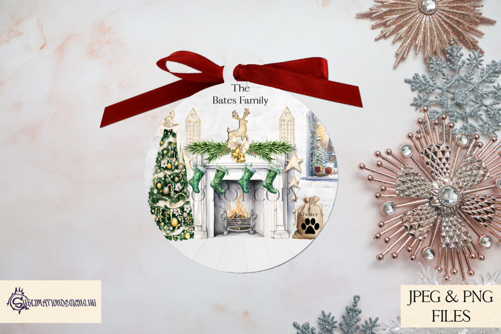 Family Christmas Stockings around the fire place, Elegant Sublimation design to personalise.