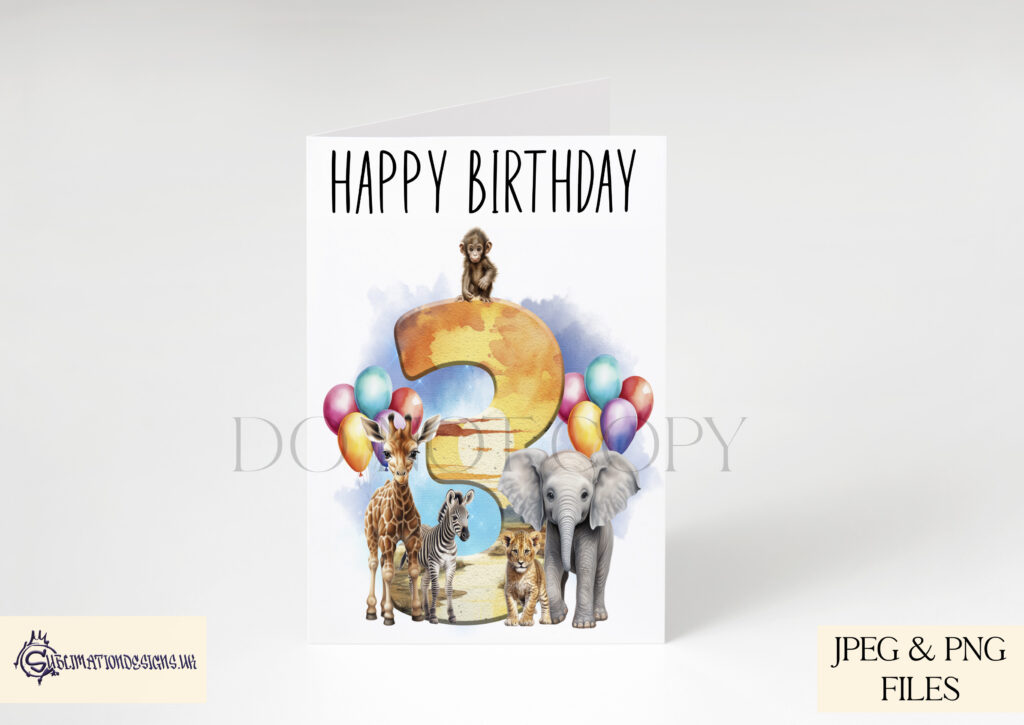 Safari Animals Birthday design featuring adorable safari animals, balloons, and safari-themed numbers