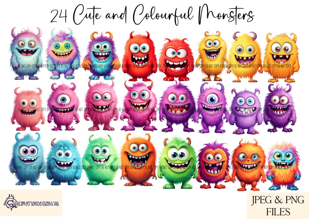 Adorable colourful monsters clip art design with a playful and vibrant character.