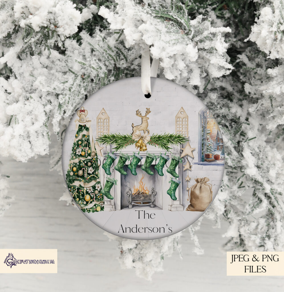 Family Christmas Stockings around the fire place, Elegant Sublimation design to personalise.