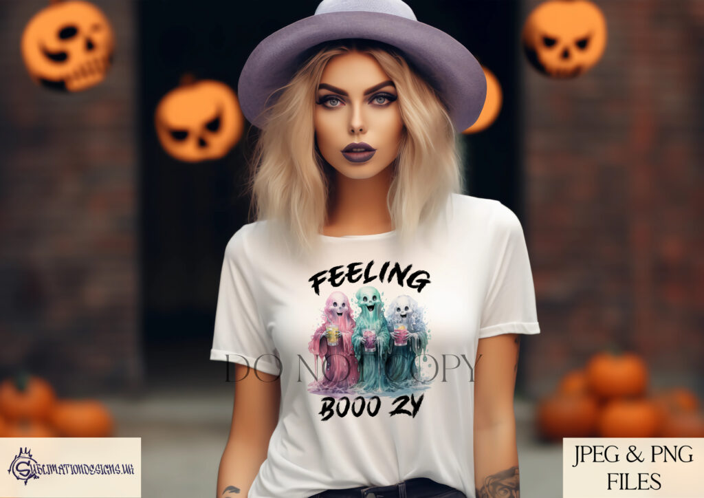 Ghostly comedy design featuring 3 ghosts enjoying cocktails with the quote 'Feeling Booo zy.'"