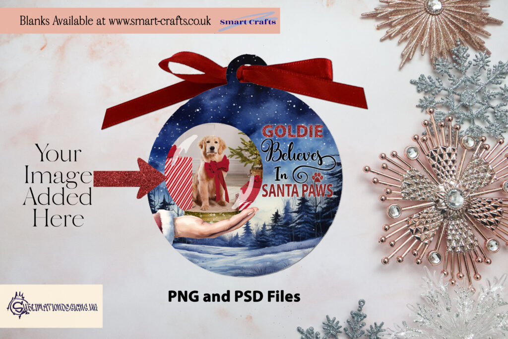 Santa Paws Personalized Sublimation Design Set - Santa holding a snowglobe with customizable space for your pet's photo and name.