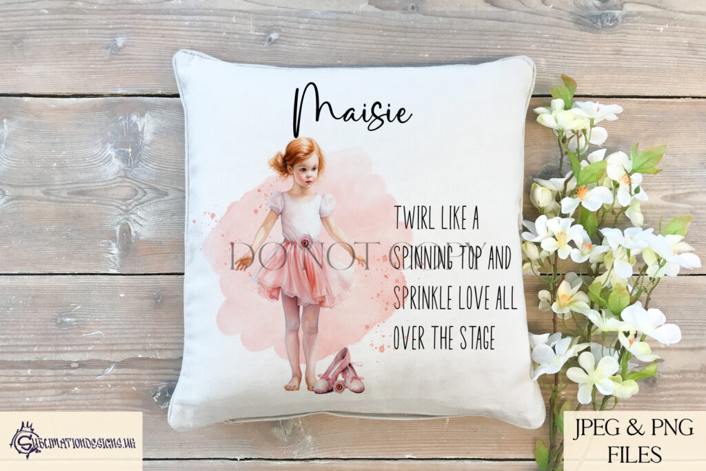 Ballet dancer surrounded by pink paint splash, roses, and ballet shoes.