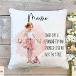 Ballet dancer surrounded by pink paint splash, roses, and ballet shoes.