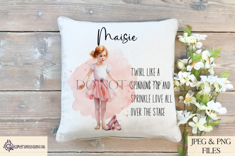 Ballet dancer surrounded by pink paint splash, roses, and ballet shoes.