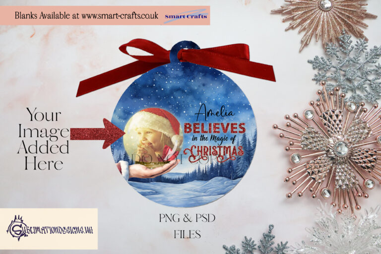 "Believe in the Magic" - Santa holding a snowglobe with customizable space for your child's photo and name.