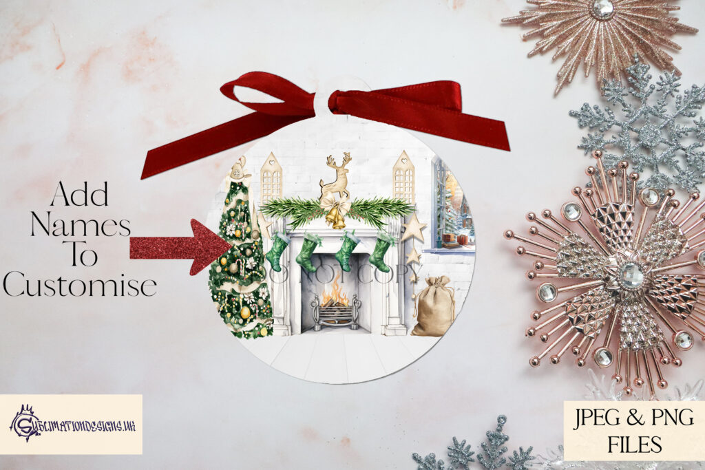 Family Christmas Stockings around the fire place, Elegant Sublimation design to personalise.