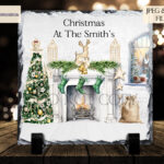 Family Christmas Stockings around the fire place, Elegant Sublimation design to personalise.