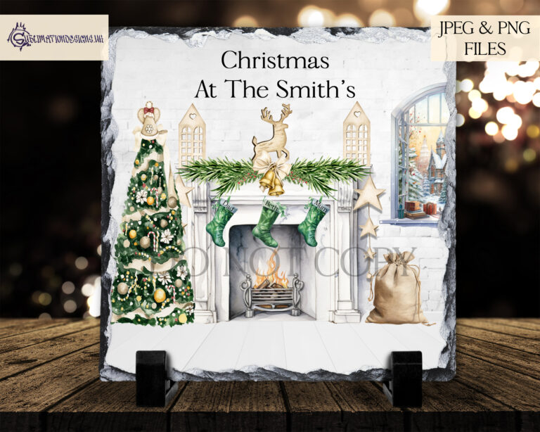 Family Christmas Stockings around the fire place, Elegant Sublimation design to personalise.