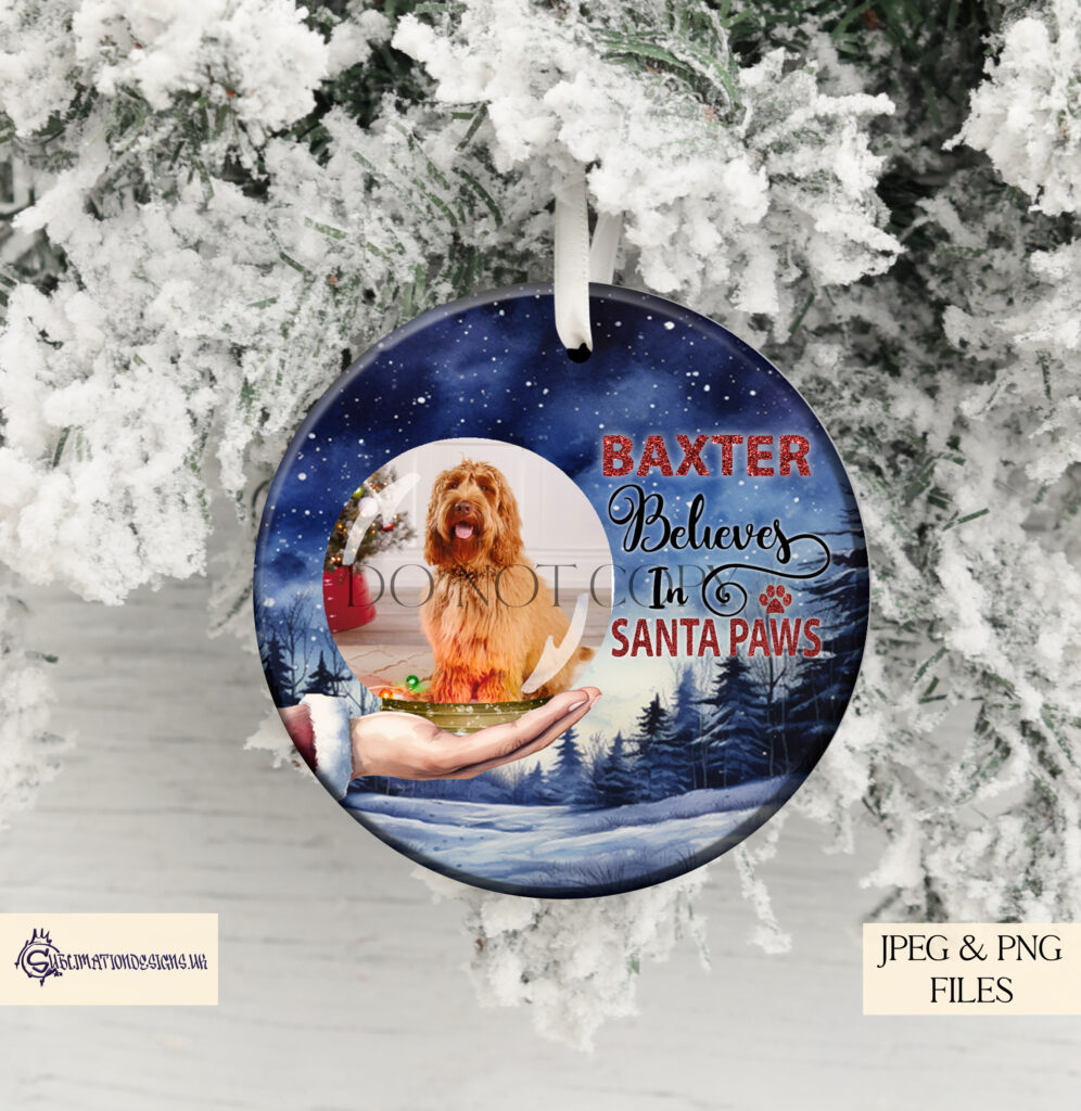 Santa Paws Personalized Sublimation Design Set - Santa holding a snowglobe with customizable space for your pet's photo and name.