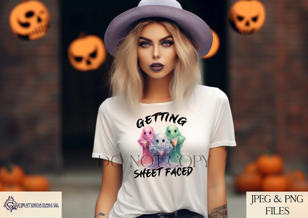 Ghostly comedy design featuring 3 ghosts enjoying cocktails with the quote 'Getting Sheet Faced.