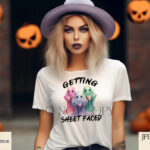 Ghostly comedy design featuring 3 ghosts enjoying cocktails with the quote 'Getting Sheet Faced.