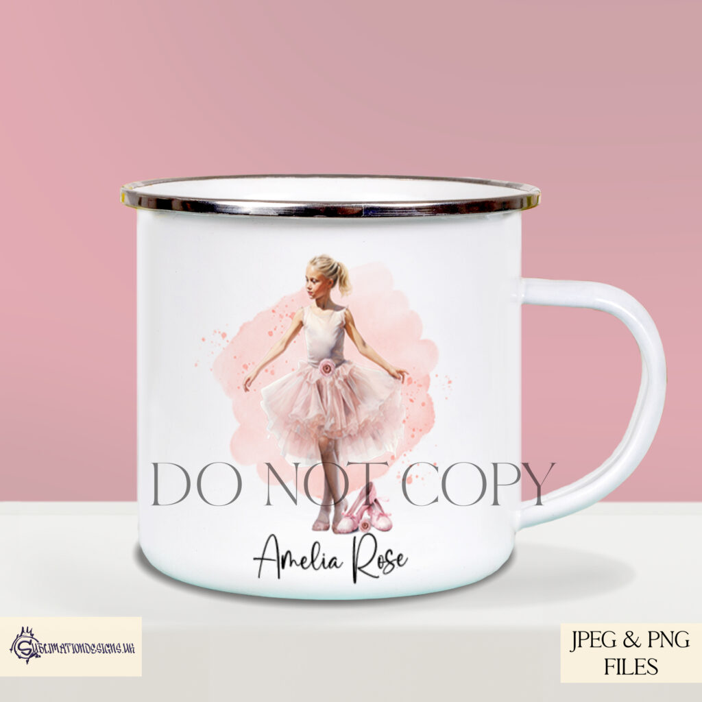 Ballet dancer surrounded by pink paint splash, roses, and ballet shoes.