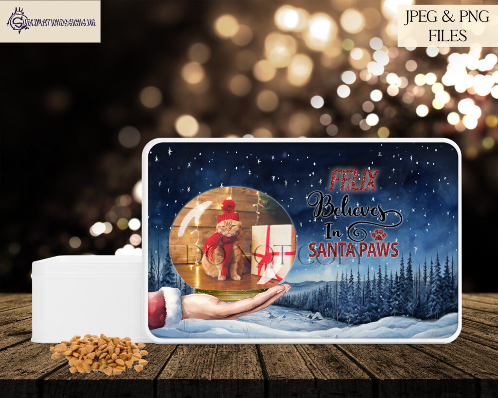 Santa Paws Personalized Sublimation Design Set - Santa holding a snowglobe with customizable space for your pet's photo and name.