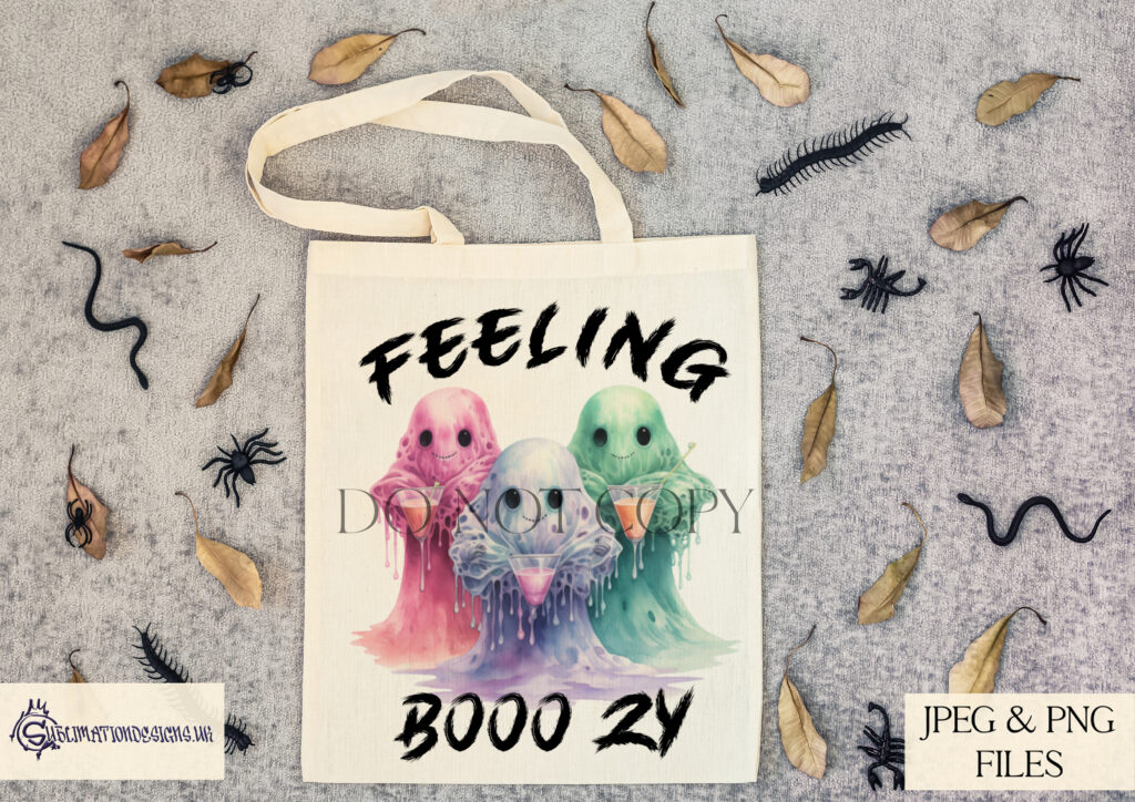 Ghostly comedy design featuring 3 ghosts enjoying cocktails with the quote 'Feeling Booo zy.'"