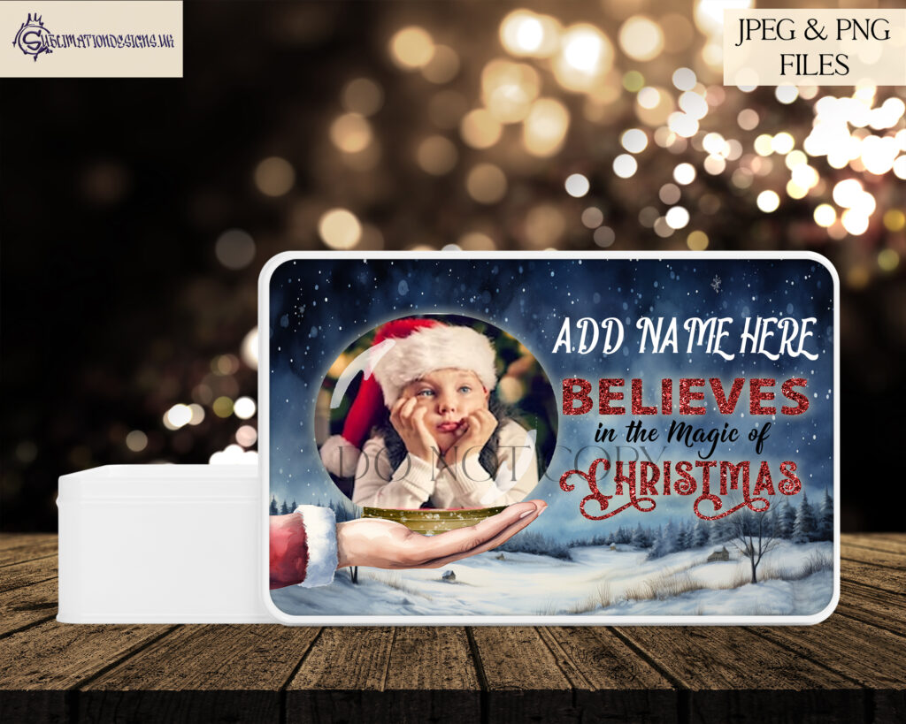 "Believe in the Magic" - Santa holding a snowglobe with customizable space for your child's photo and name.