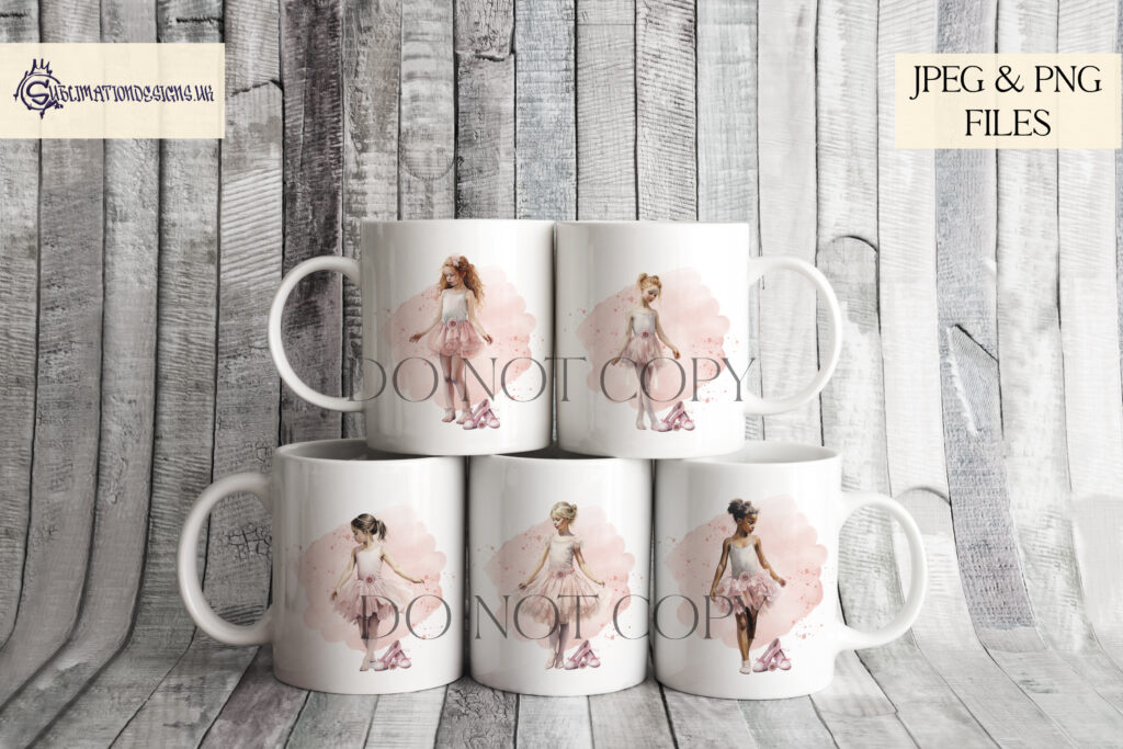 Ballet dancer surrounded by pink paint splash, roses, and ballet shoes.