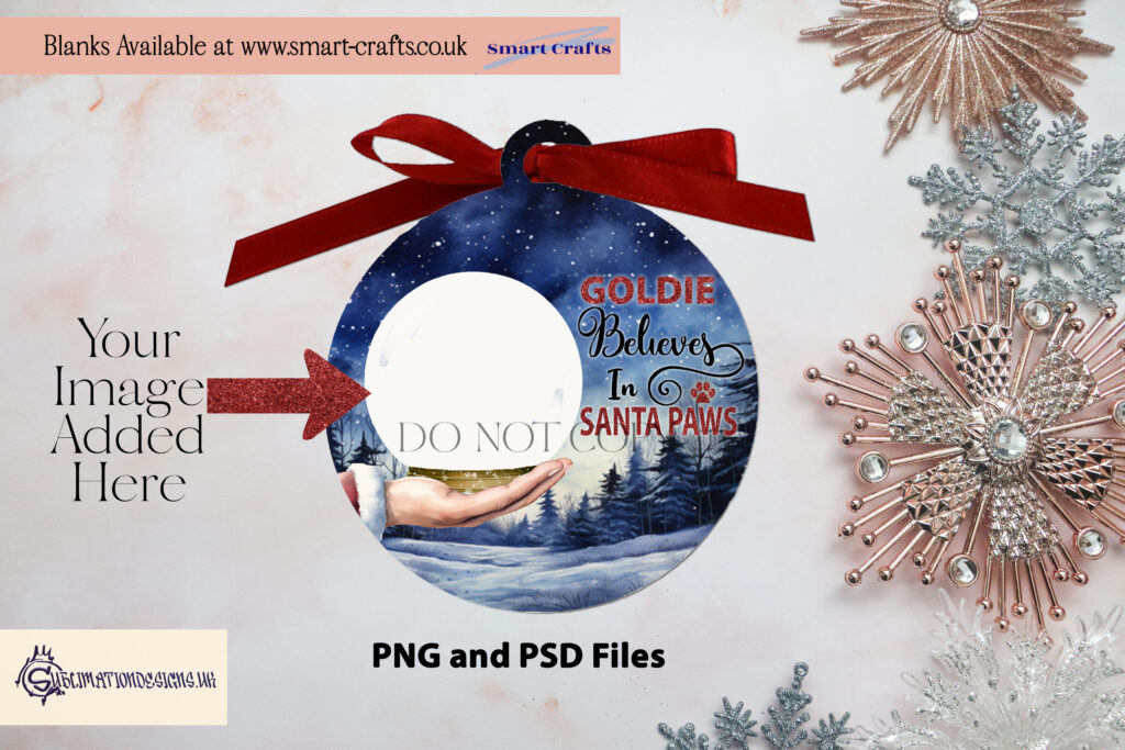 Santa Paws Personalized Sublimation Design Set - Santa holding a snowglobe with customizable space for your pet's photo and name.